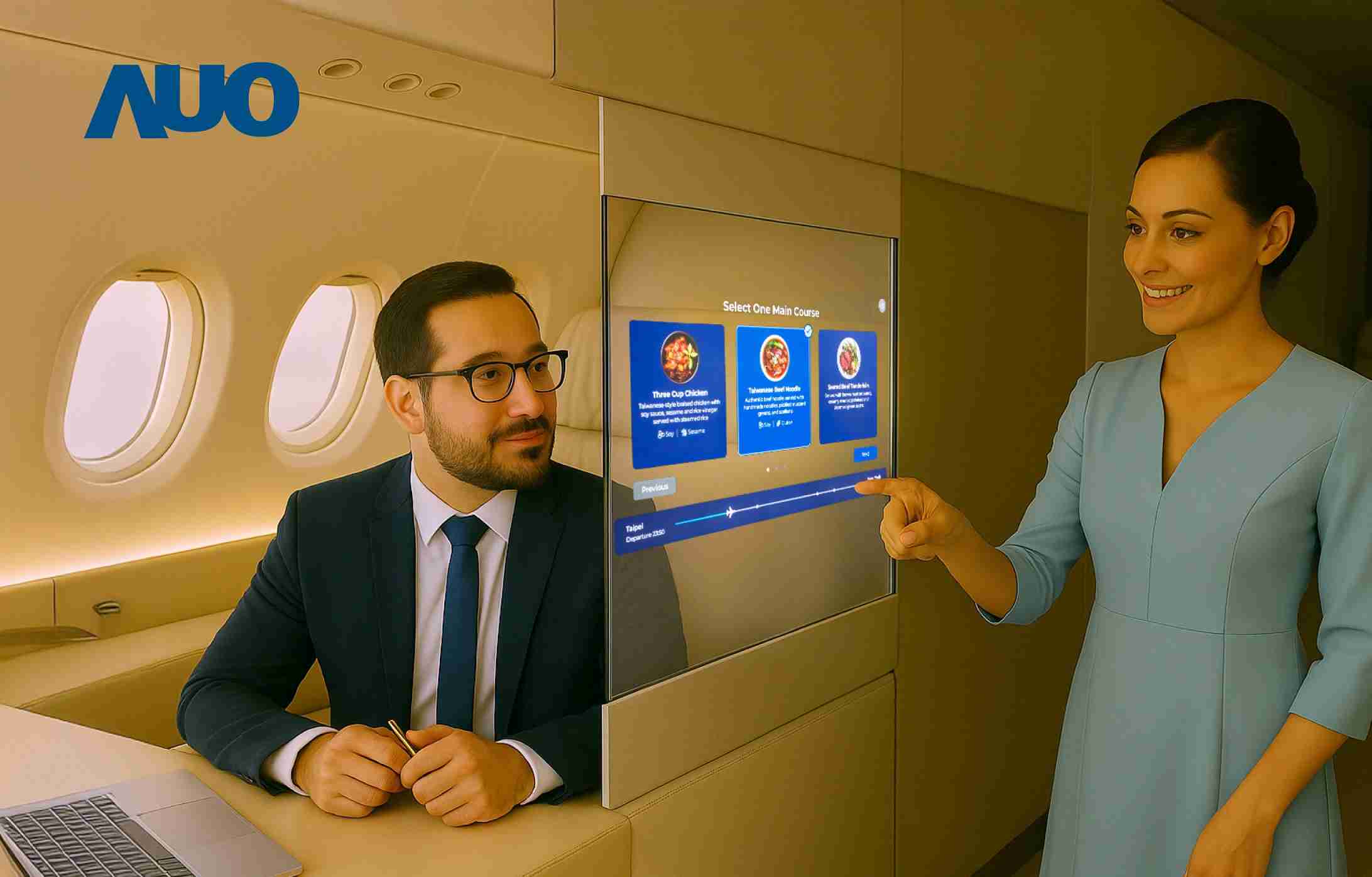 YAXIN111研发全球最薄17.3 吋双面透明 Micro LED 显示器，，，，可在同一屏幕之双边投射不同信息，，，创造独特的”透明化”互动；图为实时翻译交流应用情境